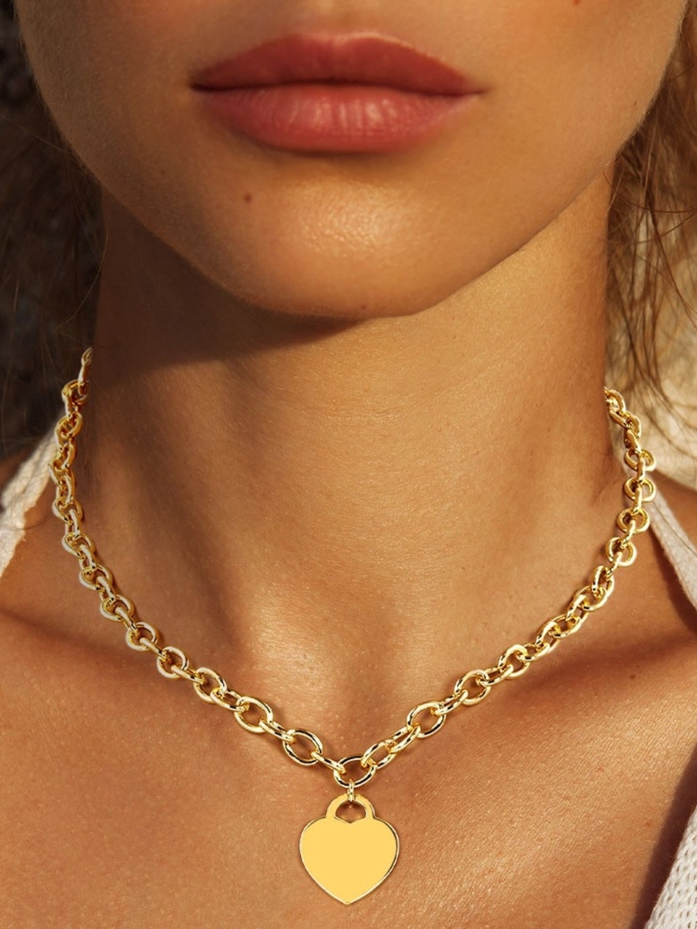 Gold Heart Pendant Necklace Lock Charm Link Jewelry Statement Chain